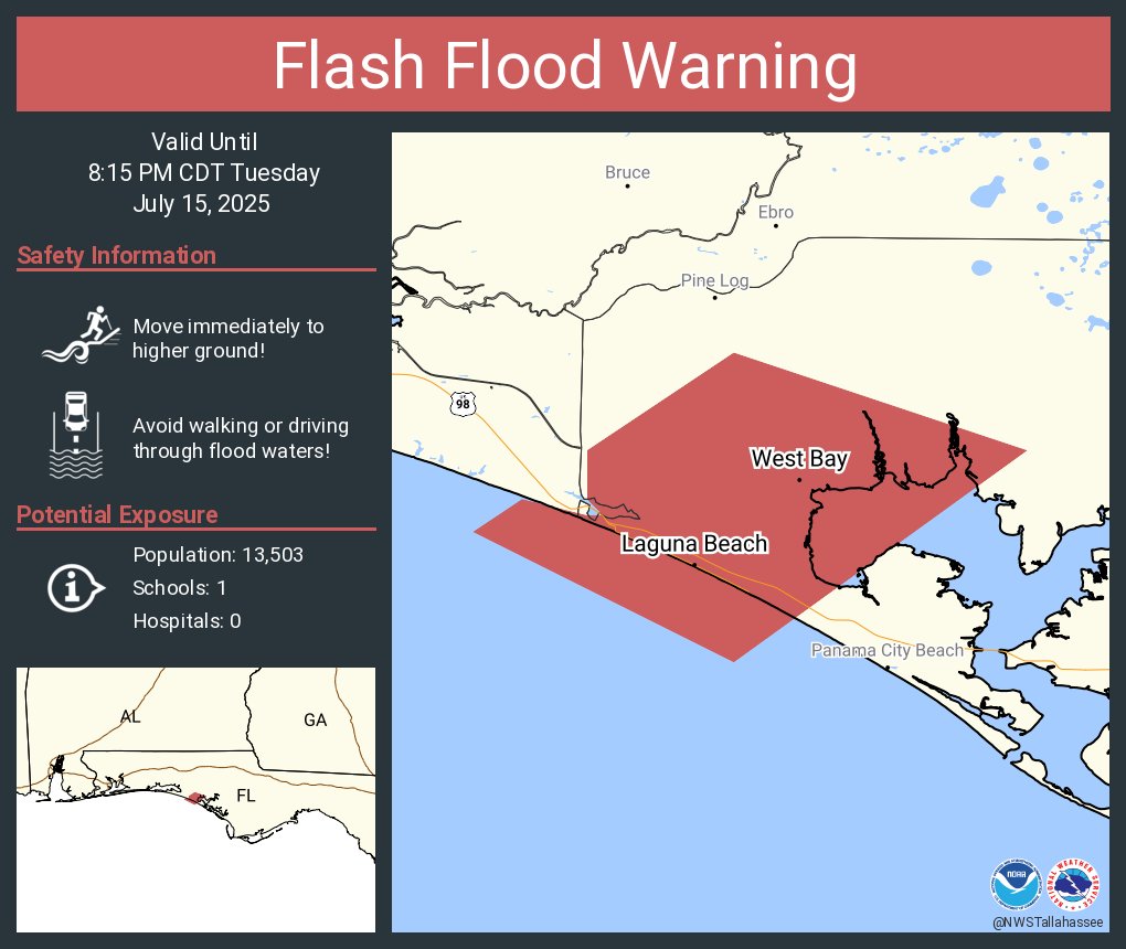 NWSTallahassee's tweet image. Flash Flood Warning including Laguna Beach FL and West Bay FL until 8:15 PM CDT