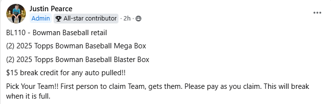 LevelUpBreaks's tweet photo. Come and join our Bowman baseball retail box break!!!!

$5 credit when you join the FB page!!! https://t.co/81CKBcBY4M