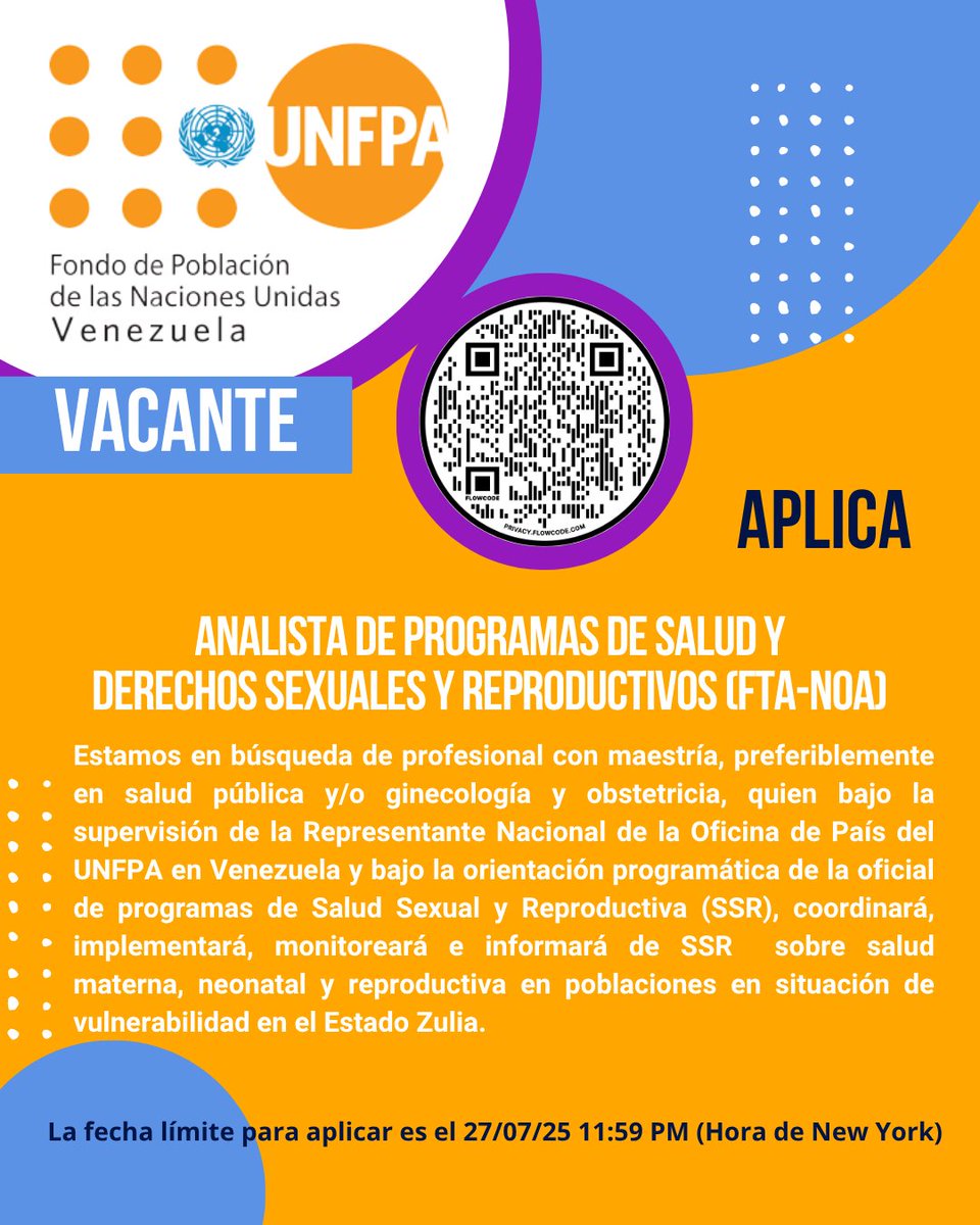 #Vacante Analista de Programas de Salud y Derechos Sexuales y Reproductivos
¿Cómo aplicar?
1. Ingresa en: unf.pa/4nNNpPs o escanea el código QR.
2. Lee atentamente los términos de referencia.
3. Aplica
La fecha límite para aplicar es el 27/07/2025