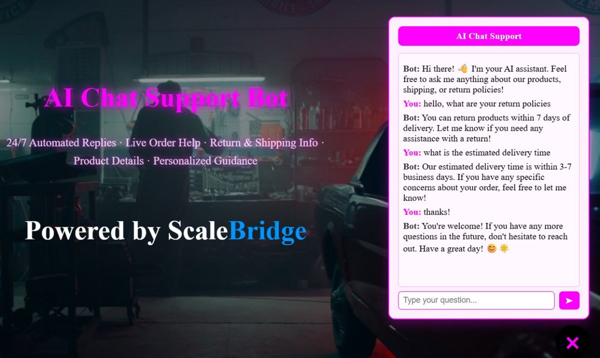 🎉 New drop from Team ScaleBridge!
We just launched our AI chatbot for ecommerce brands.
💬 Try it: aichat-support.netlify.app
👀 Live on site: scalebridge.netlify.app
Handles 80%+ support Qs. Feels human. V1 is live.
DM me “🔥” for a demo!
#ecommerce #aichatbot #dtcf