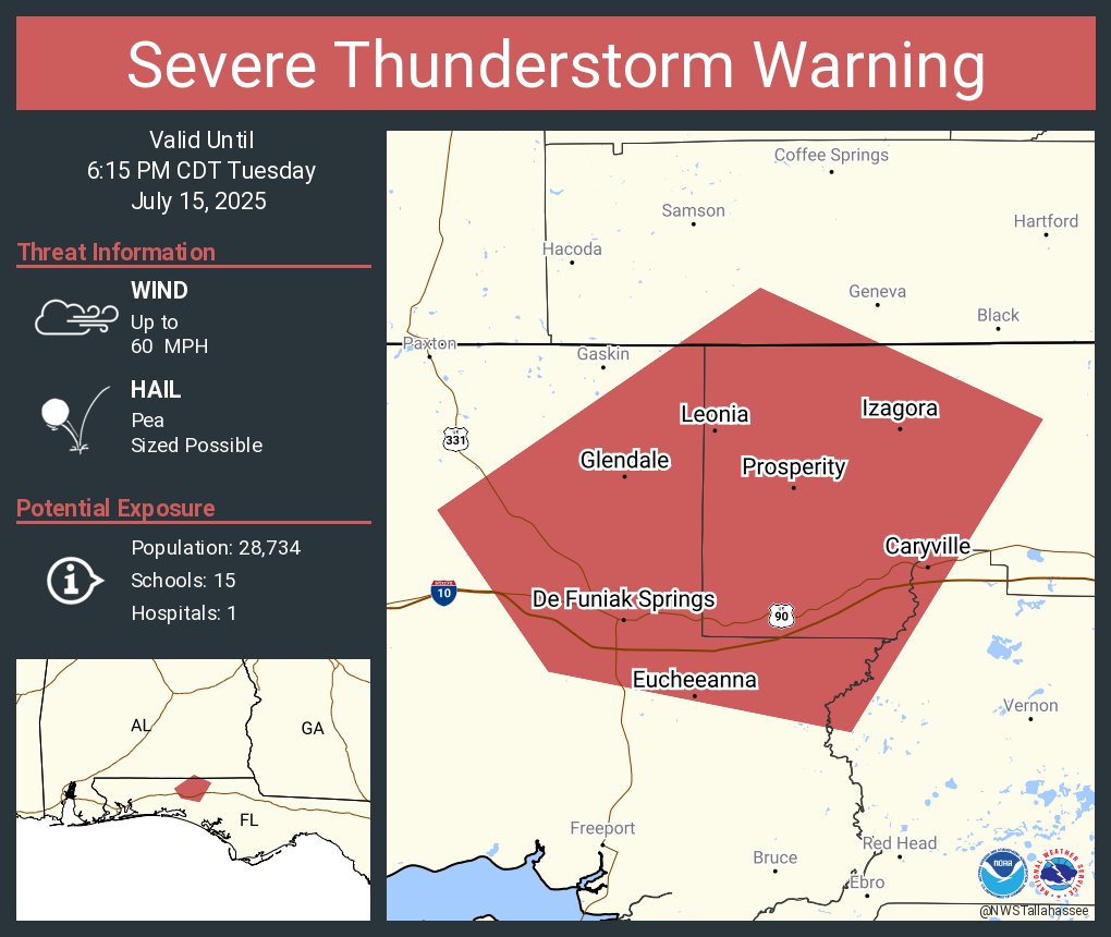NWSTallahassee's tweet image. Severe Thunderstorm Warning including De Funiak Springs FL, Ponce de Leon FL and Caryville FL until 6:15 PM CDT