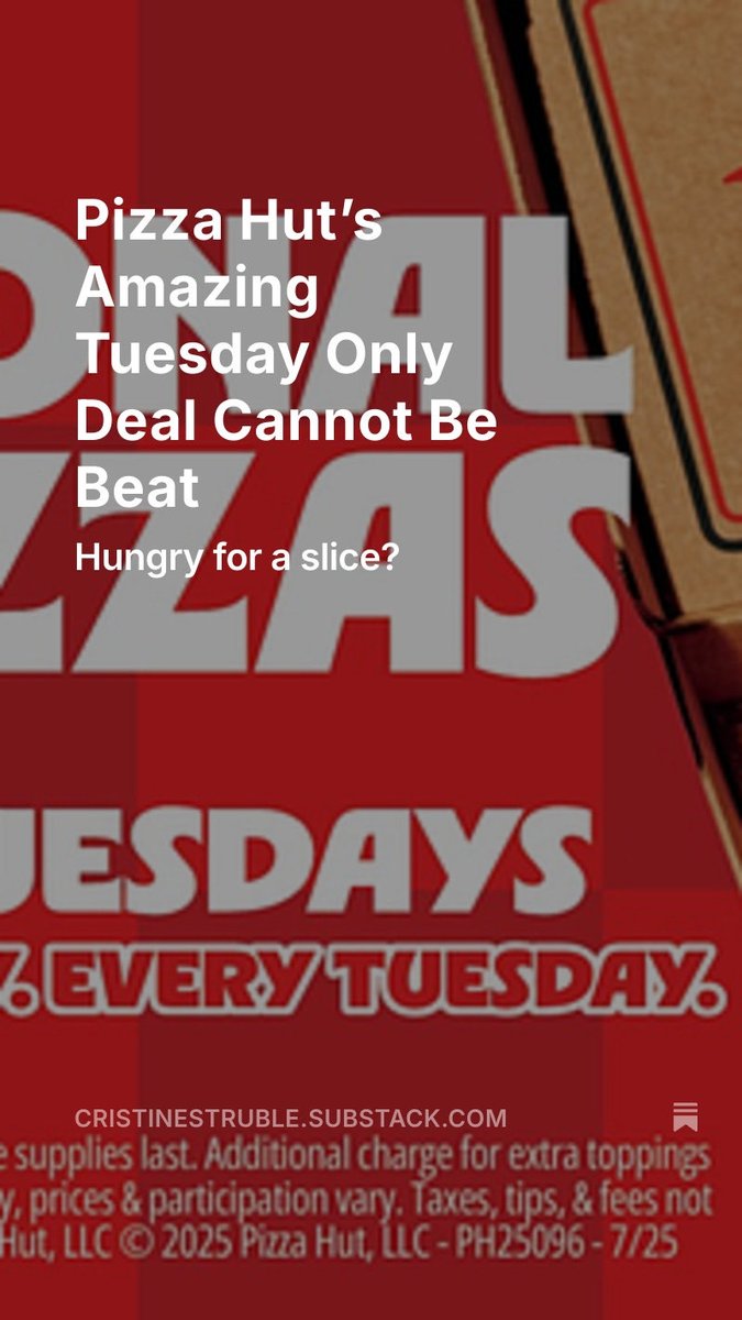 CristineStruble's tweet image. Who got the epic @pizzahut $2 Deal today
cristinestruble.substack.com/p/pizza-huts-a…