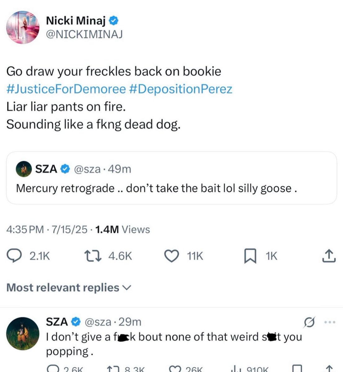 NICKI MINAJ AND SZA GOING AT EACH OTHER ON TWITTER/X.👀