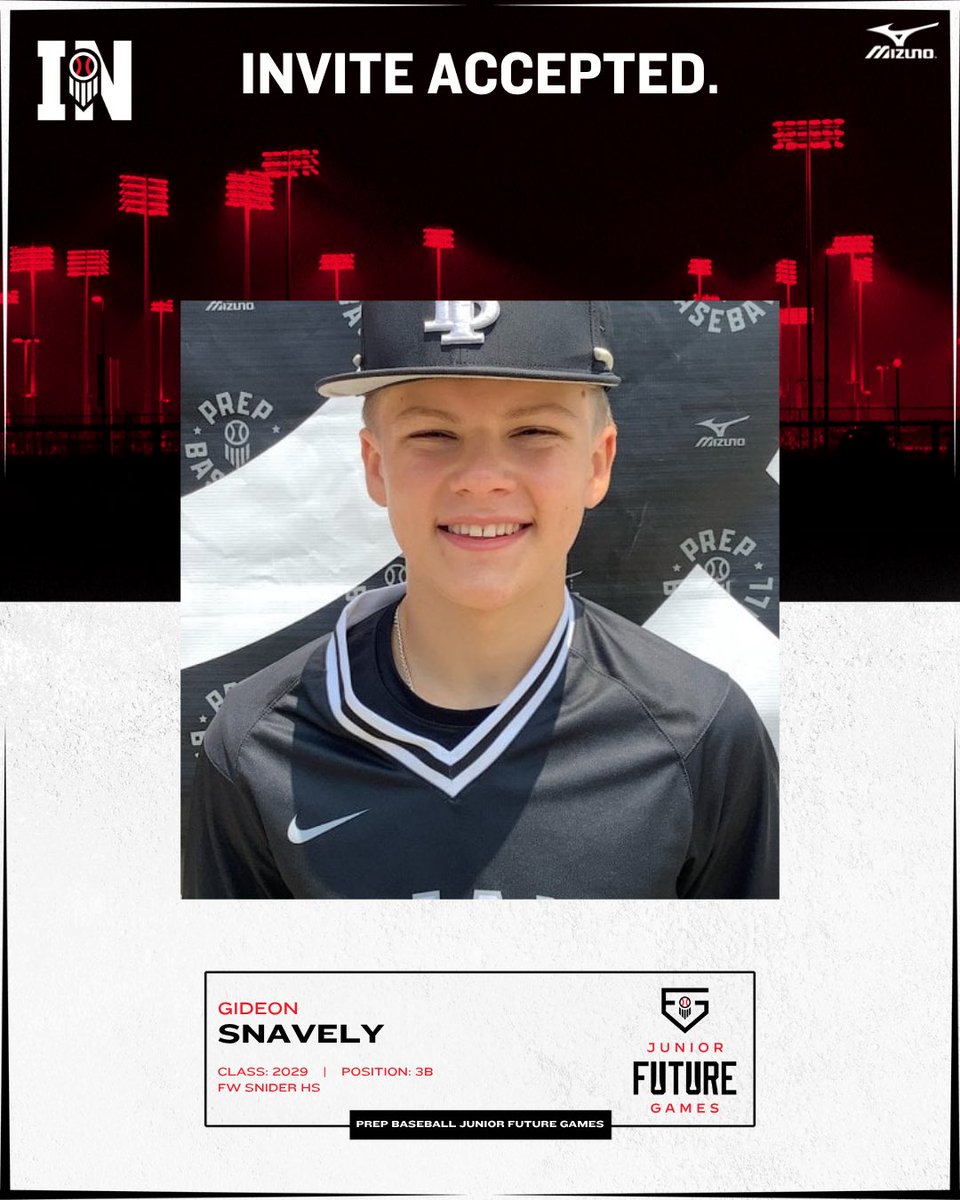 𝗝𝘂𝗻𝗶𝗼𝗿 𝗙𝘂𝘁𝘂𝗿𝗲 𝗚𝗮𝗺𝗲𝘀
ɪɴᴠɪᴛᴇ ᴀᴄᴄᴇᴘᴛᴇᴅ

‘29 Gideon Snavely (<a href="/gideon_snavely/">Gideon Snavely</a>) is set to rep #TeamIndiana at #PBJFG25👏

Athletic RHH INF w/ solid actions across the board. Future <a href="/fwsniderbb/">SniderBaseball</a>. 

🔗 loom.ly/CQ4XZF8
