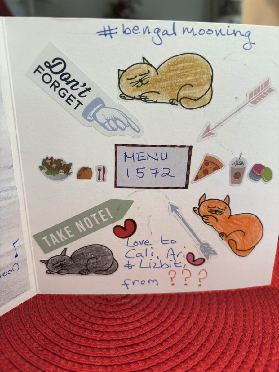 #BengalMooning Mama opened the mail and was impressed with the artistic insides - a lovely poem and the sticker art.
She has always loved the simplicity &amp; mathematical foundation of the Dutch artist Mondrian.
Thank y’all ♥️😘Ari &amp; Cali💋♥️
Menu
1572
♥️👏👏♥️