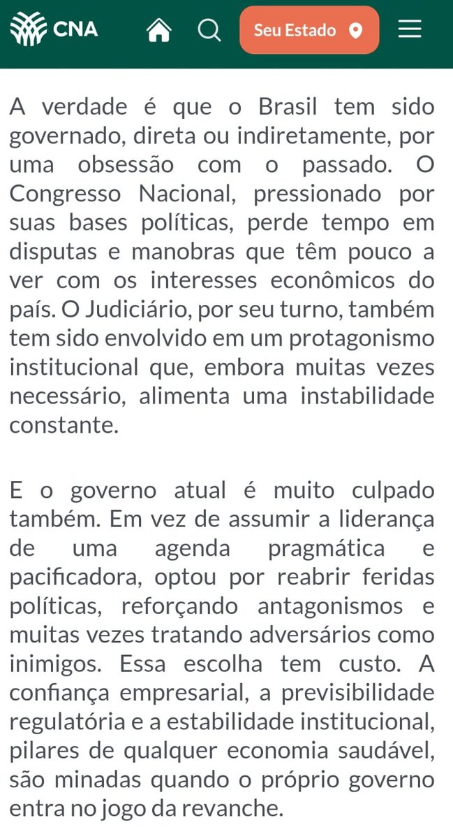 Nota da Confederação da Agricultura e Pecuária do Brasil (CNA). shorturl.at/o8ymU