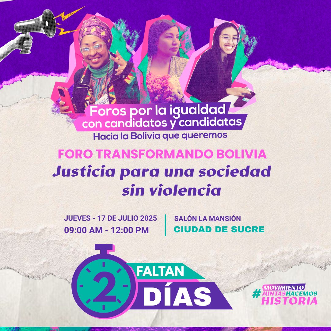 #ForosPorLaIgualdad #Chuquisaca
#HoyMásQueNunca alzamos nuestra voz para exigir a quienes nos representan y a quienes aspiran a hacerlo: ¡basta de impunidad!
Foro 4 | Transformando Bolivia: Justicia para una sociedad sin violencia
Salón La Mansión, Sucre | 9:00 a 12:00