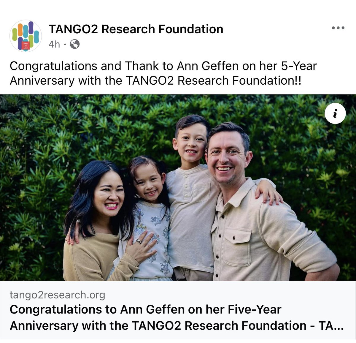 Congratulations and Thank to Ann Geffen on her 5-Year Anniversary with the TANGO2 Research Foundation!!

🔗 Read the new blog post here: lnkd.in/eZyHSqeT

#TANGO2ResearchFoundation