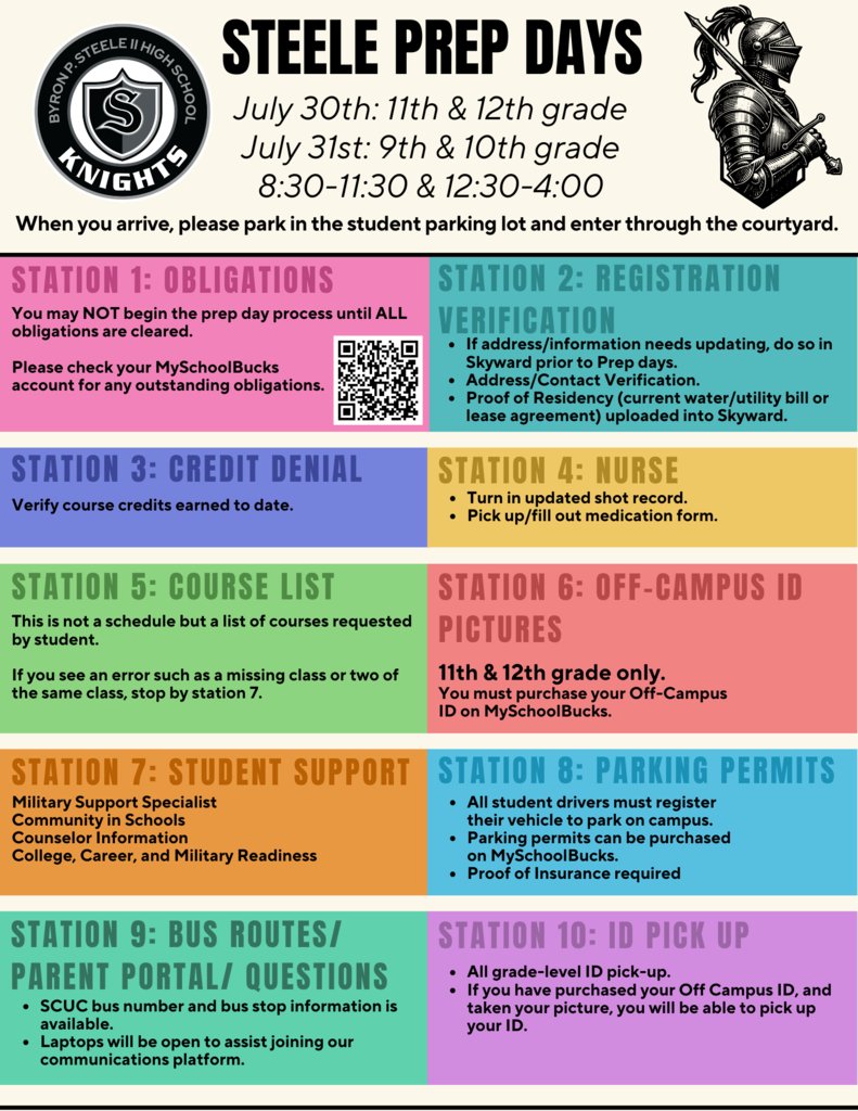 Knight Nation, check out the flyer to get ready for Steele Prep Days.  Payments can be made for off campus ID's (11th/12th only) and Parking Permits in advance.  We look forward to seeing all of our new and returning Knights soon! ⚔️⚔️⚔️

#BeTheStandard
#KnightNation