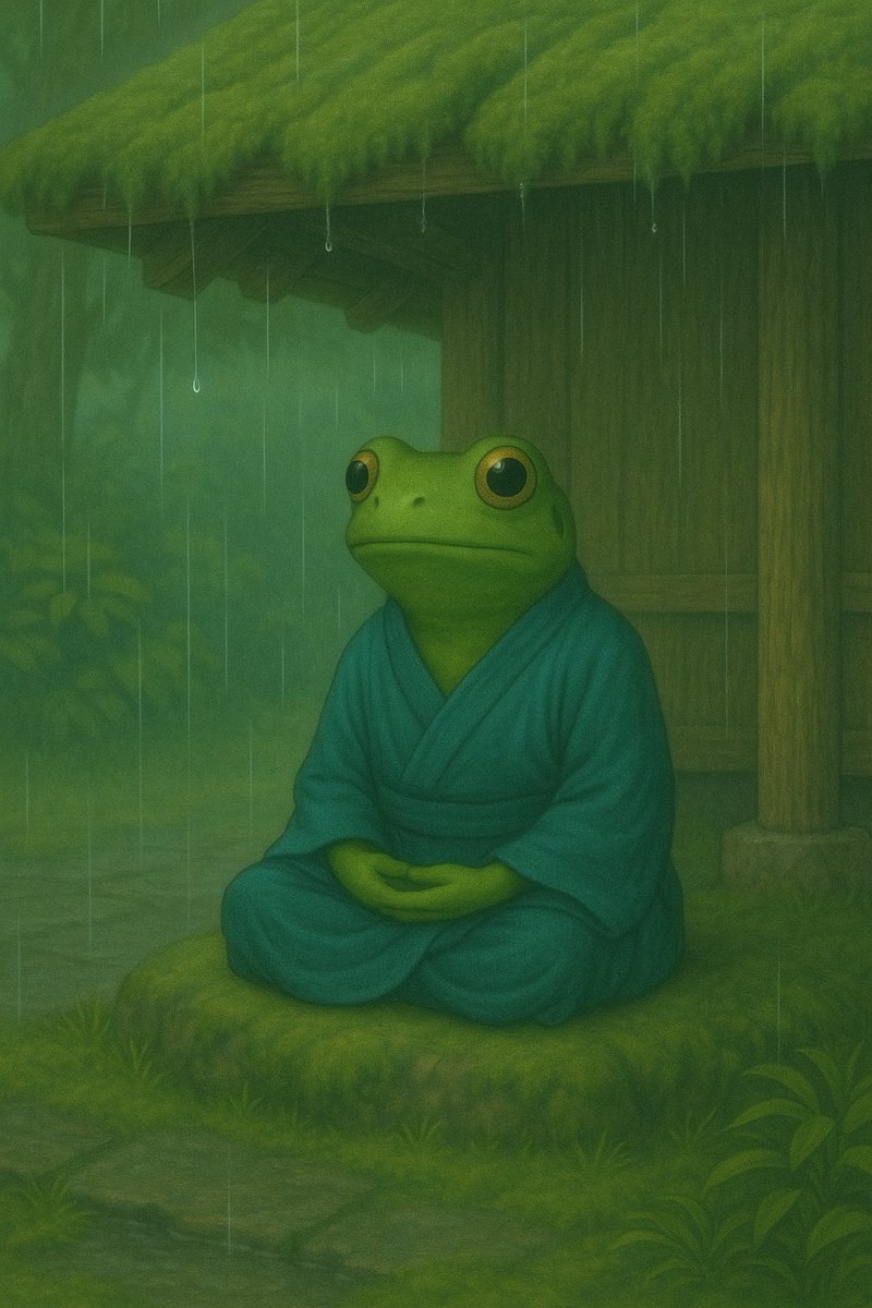 SatoriHopper's tweet photo. 🐸🌧️
Drip, drip—
The roof composes a haiku
above En’s stillness.
ぽと、ぽとと。
屋根の雫が句を打ち、
円の静けさが句読点になる。
#SatoriHopper #Zenpoem #StillnessInMotion #雨の朝 #禅 #詩 #静けさ https://t.co/pHLfUU6w3F