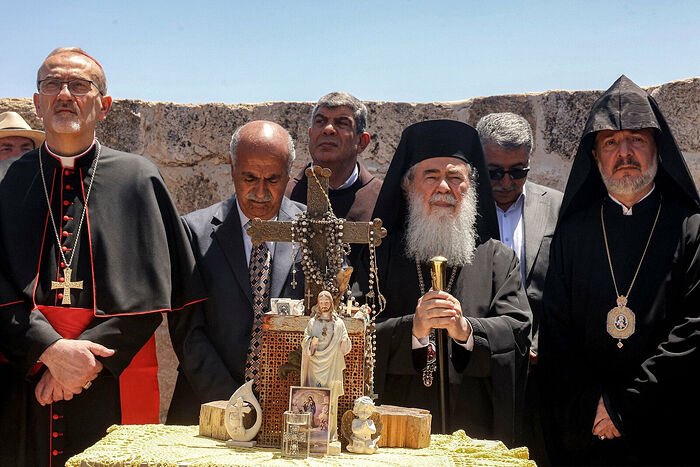 uncreated_light's tweet image. Patriarch Theophilos III & other leaders visit the West Bank in response to the fire set to St. George Church by Israeli settlers.
“We call for an immediate and transparent investigation into why the Israeli police did not respond to emergency calls from the local community…”