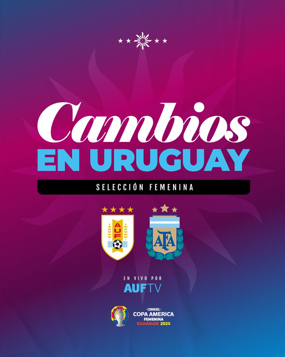 🕓 77' ¡𝑪𝑨𝑴𝑩𝑰𝑶𝑺! 

⬆️ Sindy Ramírez 
⬇️ Ximena Velazco 

⬆️ Micaela Fitipaldi 
⬇️ Laura Felipe 

Uruguay 🇺🇾 0-1 🇦🇷 Argentina 

📌  @copaamerica

💻 AUF.TV

#ElEquipoQueNosUne