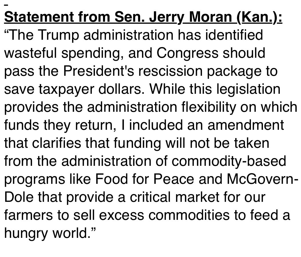 Additional context: funding for the two food aid programs largely comes from appropriations and wouldn’t be touched by this rescissions package. Moran’s amendment focuses on the resources needed to administer the programs.