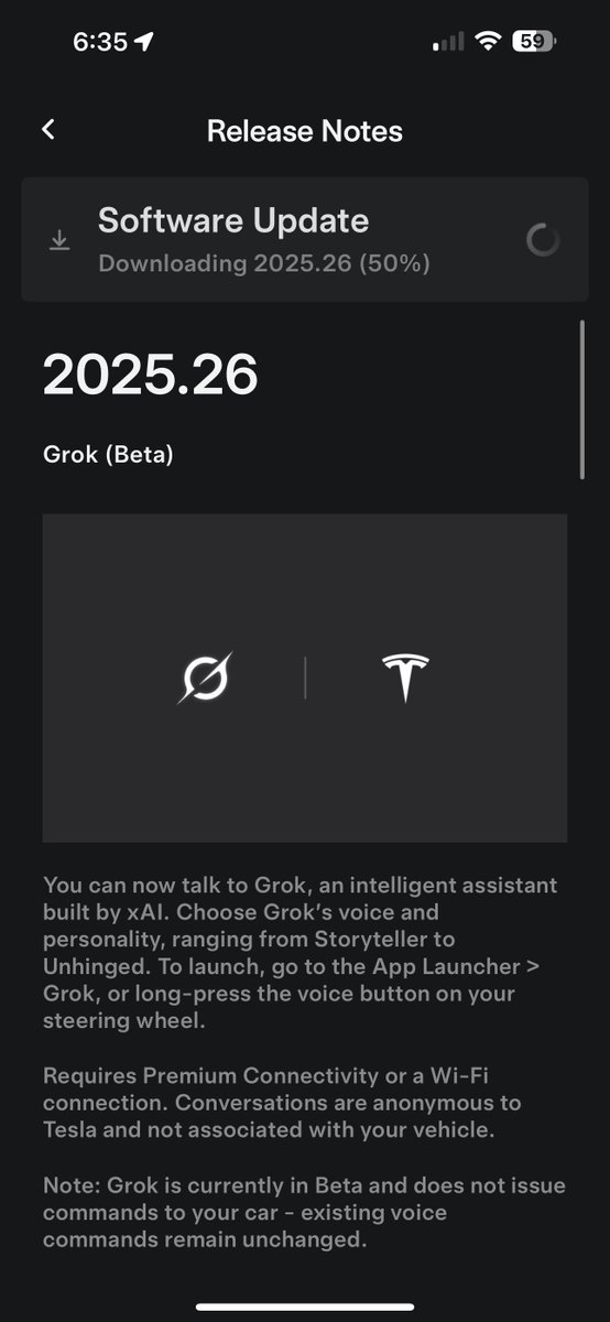 chazman's tweet image. Grok update is coming down to my Model Y, nothing to the Cybertruck yet. No new FSD Version.