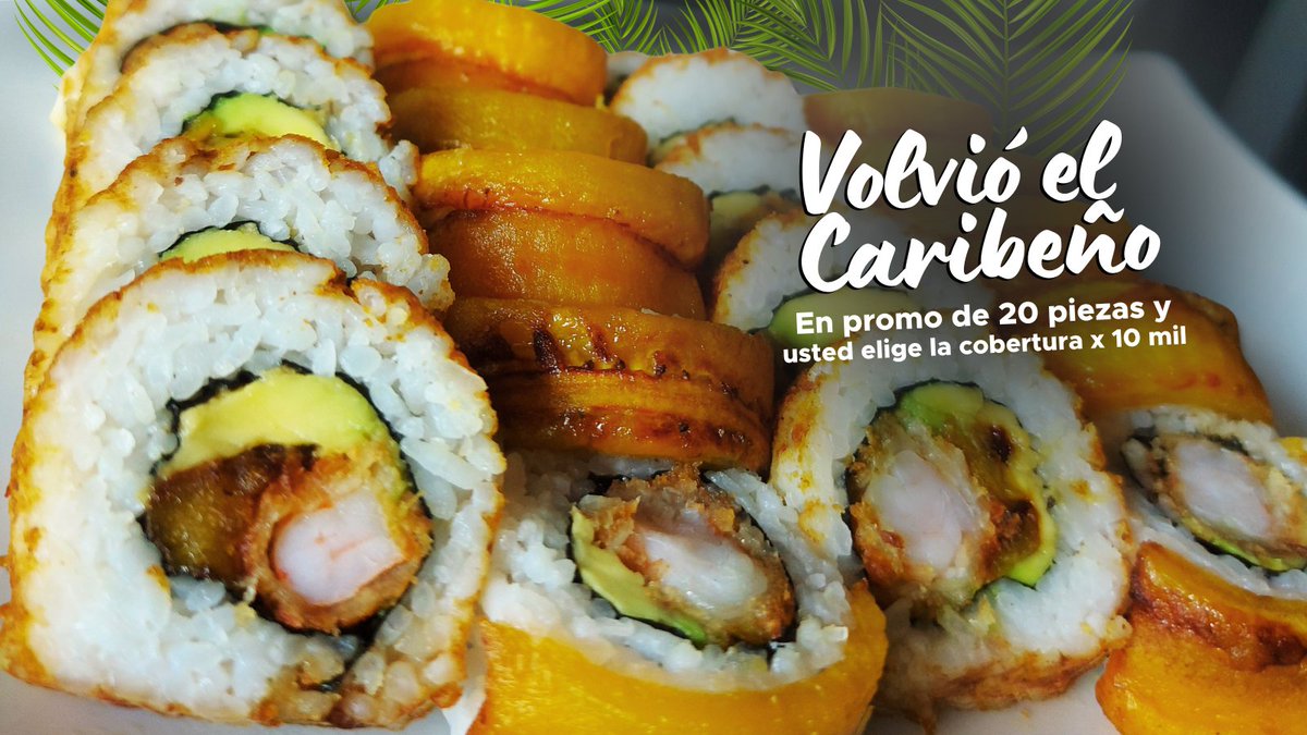 Elija la cobertura de estas 20 piezas de nuestro sushi roll especial más vendido
¿Plátano maduro o chips de plátano verde quebrado de cobertura? 
Camarones con cobertura crujiente de coco bañados en miel de caña con jugo de naranja y jengibre, aguacate y plátano maduro 🥥🍤🥑🍌🌶️