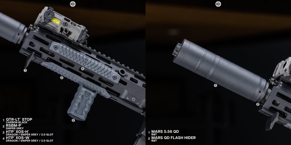 RailScales QTR-LT Stop Ultra Wide Hand Stop, RSBM-P Polymer M-LOK VFG, 3.5-Slot Sniper Grey Dragon HTP XOS-H & XOS-W M-LOK Scales, MonoLift Riser, CSMR Mag Button | Heckler and Koch 11" MR556 A4 5.56 SBR, B&T USA MARS 5.56 QD Suppressor, EOTech OGL Laser, EOTech EXPS3-0 HWS & G43 Magnifier, Magpul Single Window EMAG, H&K 416 Battle Grip & 416/MR556 Slim Line Buttstock.