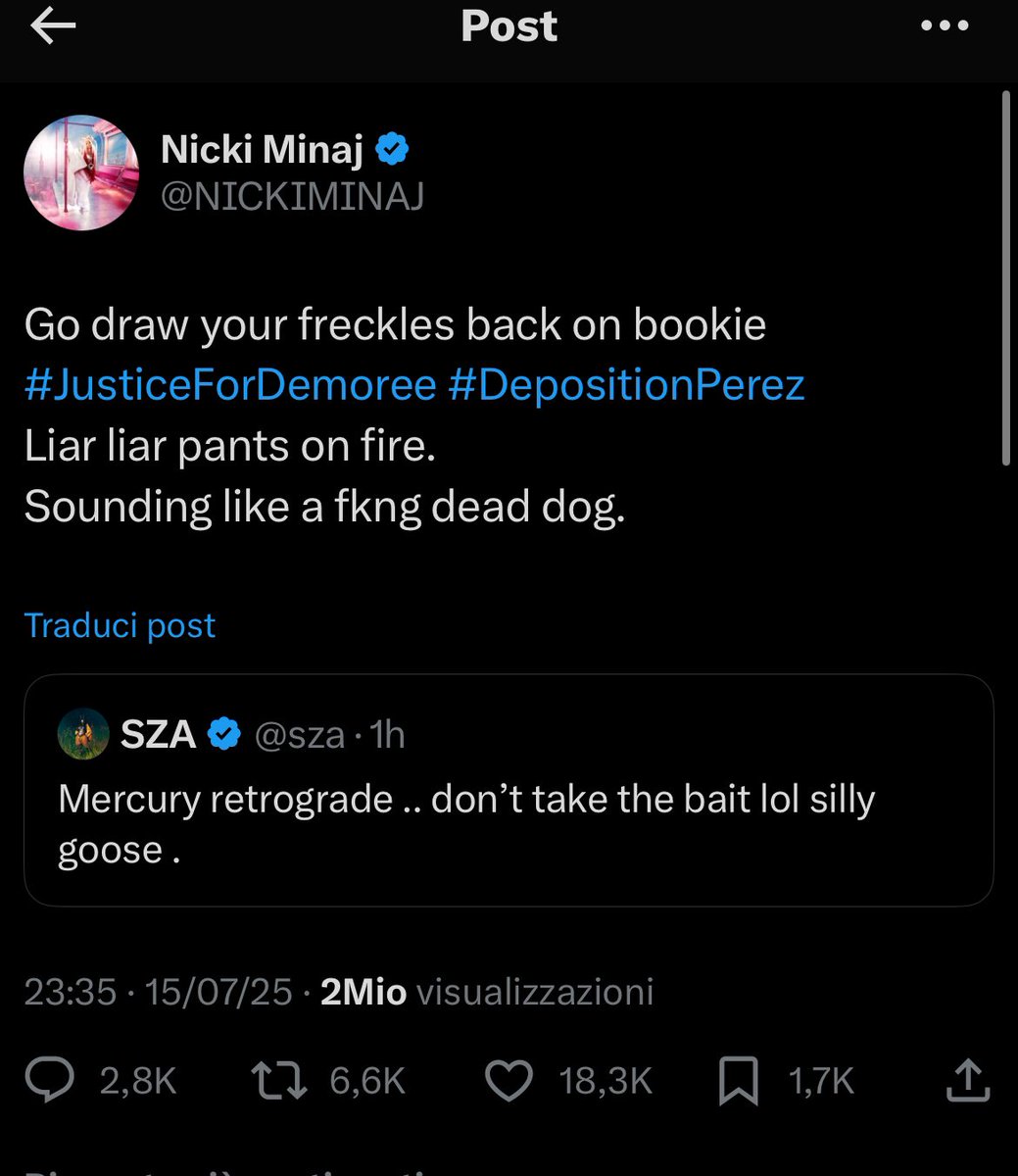 <a href="/FrenchRapUS/">FRENCHRAPUS 🇺🇸</a> Pourquoi déformer tout ? C’est Sza qui a commencer et Nicki a répondu ! Arrêter de faire comme si c’était  Nicki qui a commencé mdr ! Nicki a répondu à son tweet parce qu’elle parlais d’elle mdr fallait pas parler de Nicki enft