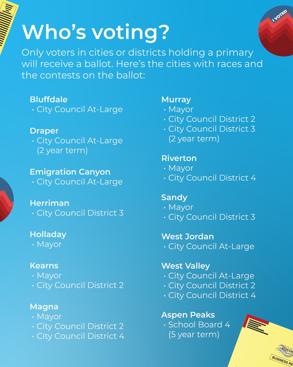 VoteSLCo's tweet image. The Municipal Primary Election is August 12!
Only voters in cities or districts with contested races requiring a primary will get a ballot in the mail. Swipe to see who can expect one.
For all Primary Election related questions, visit slco.to/Election2025