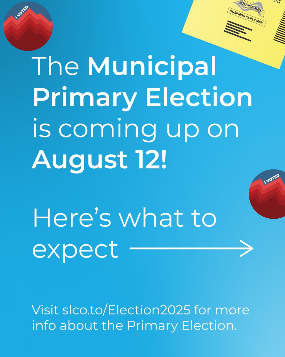 VoteSLCo's tweet image. The Municipal Primary Election is August 12!
Only voters in cities or districts with contested races requiring a primary will get a ballot in the mail. Swipe to see who can expect one.
For all Primary Election related questions, visit slco.to/Election2025