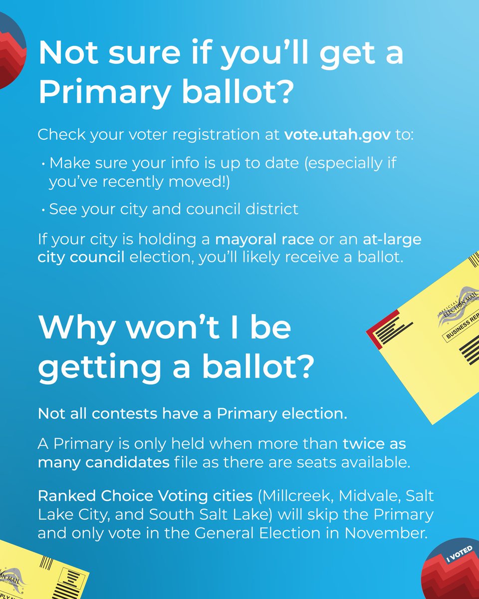 VoteSLCo's tweet image. The Municipal Primary Election is August 12!
Only voters in cities or districts with contested races requiring a primary will get a ballot in the mail. Swipe to see who can expect one.
For all Primary Election related questions, visit slco.to/Election2025