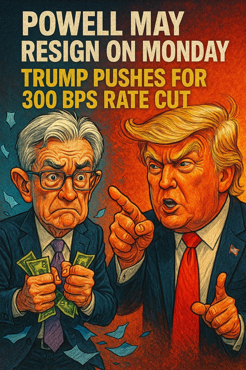 SamSamieReal's tweet image. Jerome Powell may step down as soon as Monday.
Trump’s already demanding a 300bps rate cut.

The Fed's credibility is collapsing in real time.
Buckle up. The fiat endgame accelerates.
#PowellResignation
#FederalReserve
#Trump2024
#RateCuts
#USD
#FiatCollapse
#InflationAlert
#BTC