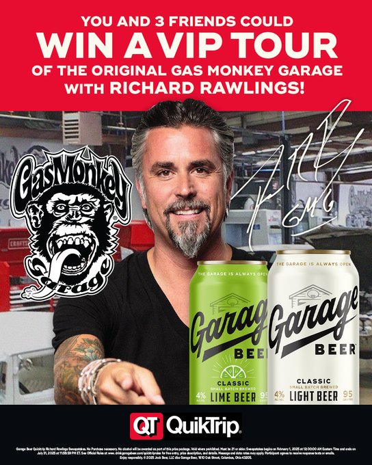 mechincFigure's tweet image. Swing by your local @QuikTrip find where they keep the @DrinkGarageBeer scan the QR, & you’re in the running for a VIP trip to @GasMonkeyGarage
It’s that easy! You could be on your way to Dallas to hang with the Monkeys 🍻
What are you waiting for? GYSOT now!