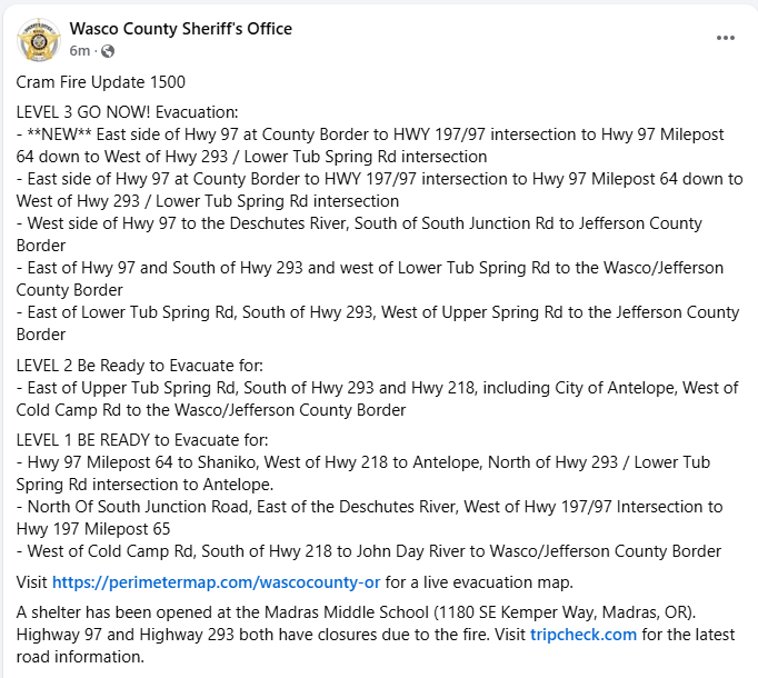 CentralORFire's tweet image. 🔥Wasco County has issued additional evacuations due to the #CramFire at 3 p.m. on July 15. For more details visit:
ℹ️Wasco County Facebook: facebook.com/WascoCountyShe…
🗺️Wasco County Evacuation Map: tinyurl.com/WascoCountyEva…