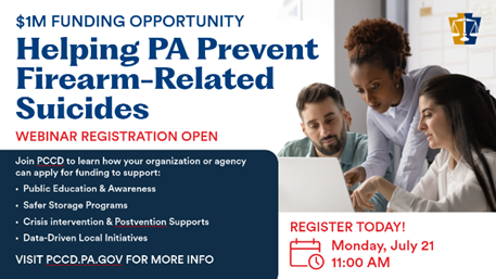 PaCrimeComm's tweet image. Did you know that over half of gun deaths in Pennsylvania are suicides? It’s a public health crisis that demands action.
That’s why PCCD announched $1M to support innovative, community-based projects to prevent, intervene in, and respond to firearm suicides.
📅 Join our July 21…