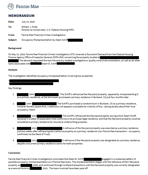 kevrector's tweet image. Trump accuses Schiff of mortgage fraud, which Schiff calls false ‘political retaliation’
A Fannie Mae memo reviewed by @latimes outlines what it calls “a sustained pattern of possible occupancy misrepresentation.”
Story w/ @laura_nelson here:
latimes.com/politics/story…