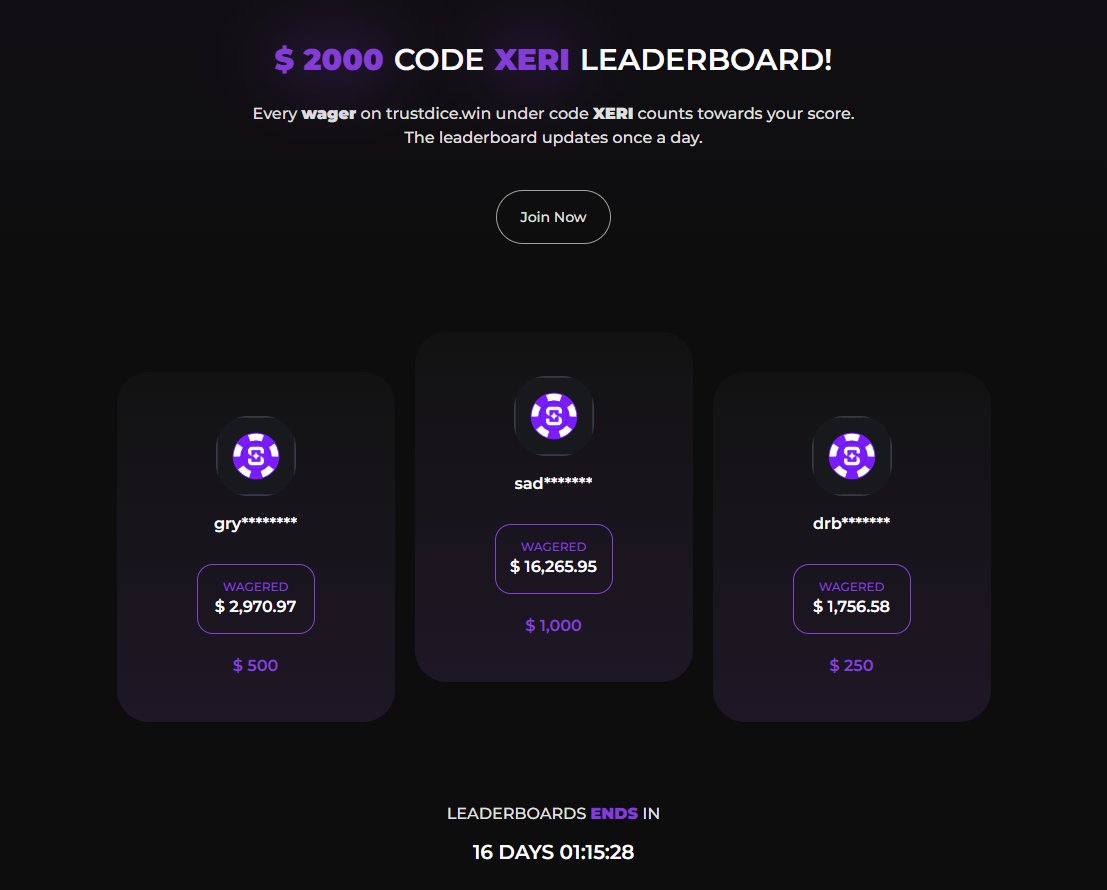 🎁$25 GIVEAWAY 🎁

✅Like &amp; RT + Tag a Friend

🏆 $4,000 Leaderboards
💜 $2,000 Leaderboard on <a href="/shufflecom/">Shuffle.com</a> (bi-weekly leaderboards)
💚 $2,000 Leaderboard on @Trust_Dice (15 days left)

🔗 Join Now: xeriffer.com 
💰 code "xeri" on all sites