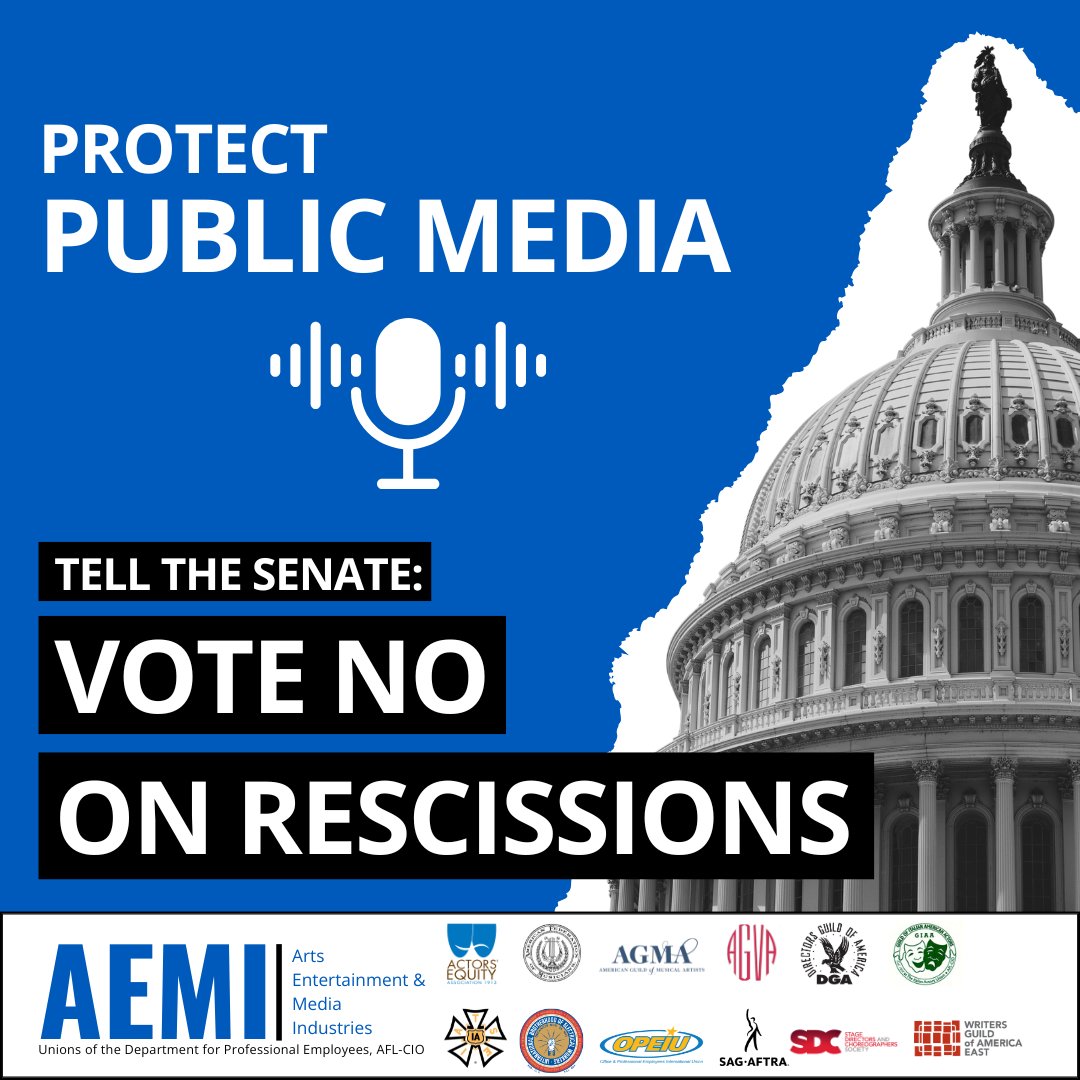 sagaftra's tweet image. The rescissions package defunds public media, cutting off support for good jobs, local content, educational programs, emergency alerts, and rural communities’ access to news. Call 202-224-3121 to tell your Senators to vote NO on clawing back public media funds!