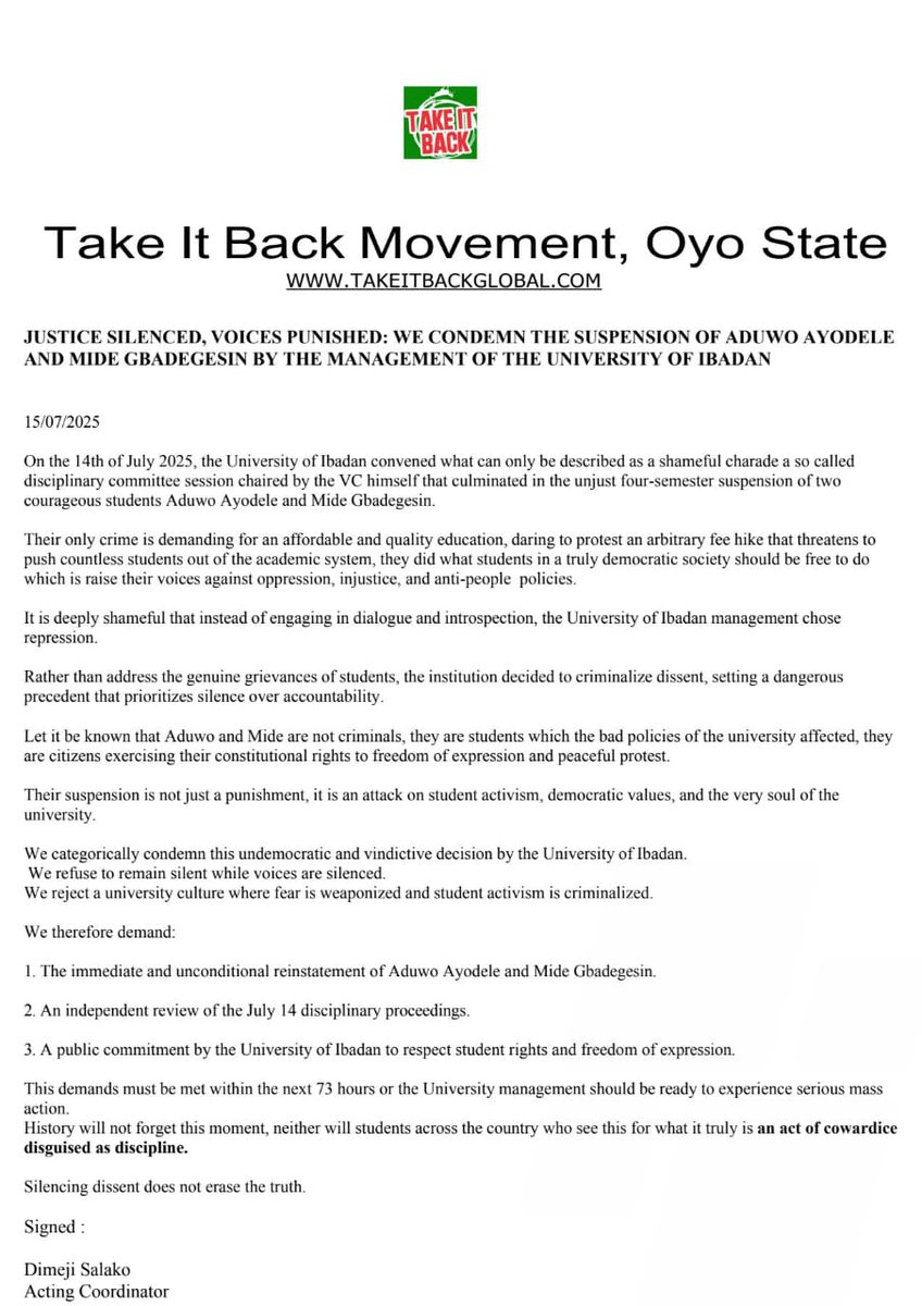 TIBmovement's tweet image. Punishing protest is punishing democracy. The University of Ibadan must reverse this disgrace. #ReinstateAduwoandMide