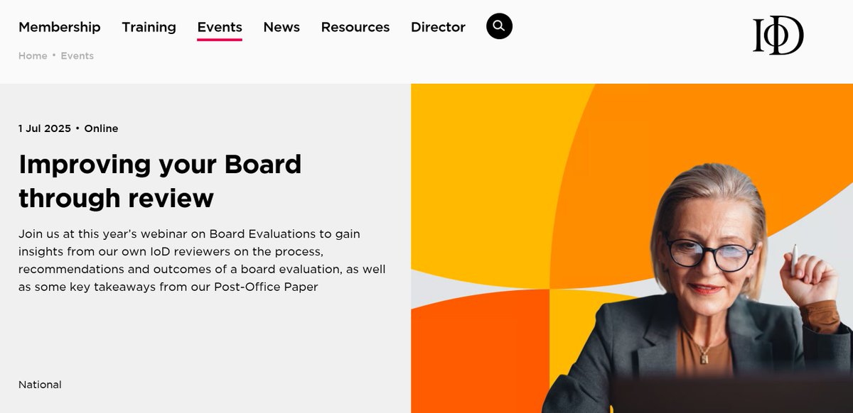 Attended <a href="/The_IoD/">IoD</a> webinar on ‘Board Evaluations’, 01.07.2025, gained insights from <a href="/The_IoD/">IoD</a> reviewers on the process, recommendations &amp; outcomes of a board evaluation, as well as some key takeaways from the Post-Office Paper. Invaluable insights were shared &amp; key lessons learnt!