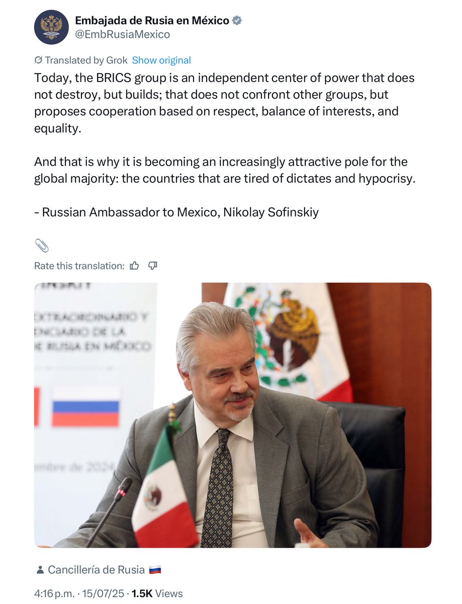 VOMexico's tweet image. #MexicoRusia 🇲🇽🇷🇺 Russian Ambassador to Mexico Nikolay Sofinskiy explains the purpose of the #BRICS group.
If Mexico were to join the bloc, what would be the geopolitical impact? Any thoughts? Comment below.