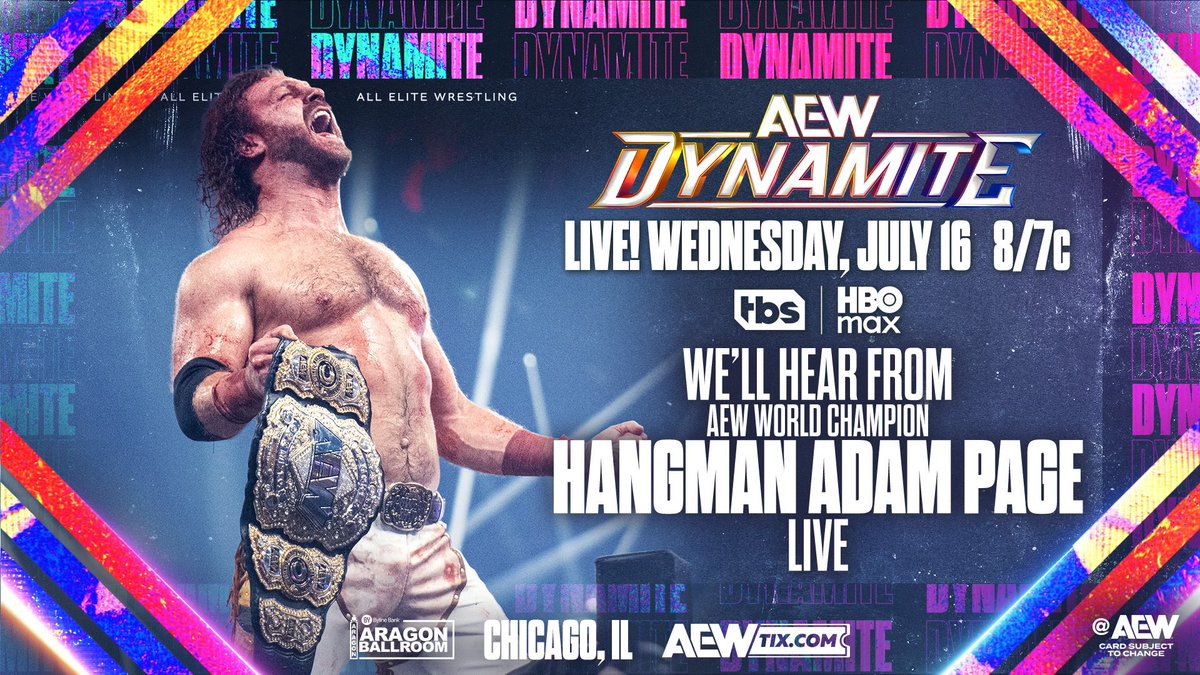 Tony Khan (@tonykhan) on Twitter photo Wednesday Night #AEWDynamite
TBS + HBO Max
TOMORROW
AEW World Champion
Hangman Adam Page will speak!
Weâll see the <a href="/AEW/">All Elite Wrestling</a> World Title on tv for the first time in 2025!
NEW World Champion Hangman Page will speak live to open Dynamite before the main event vs Death Riders
TOMORROW! Wednesday Night #AEWDynamite
TBS + HBO Max
TOMORROW
AEW World Champion
Hangman Adam Page will speak!
Weâll see the <a href="/AEW/">All Elite Wrestling</a> World Title on tv for the first time in 2025!
NEW World Champion Hangman Page will speak live to open Dynamite before the main event vs Death Riders
TOMORROW!