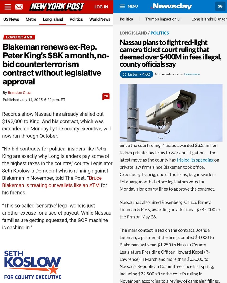 KoslowForNassau's tweet image. Bruce Blakeman is using your tax dollars to pay off his political cronies — treating Nassau County like his personal bank. We can’t afford 4 more years of corruption. It’s time for change. It’s time to #FireBlakeman.
