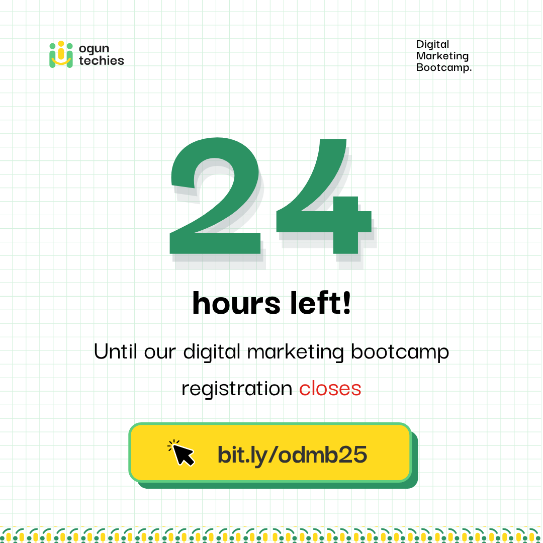 OgunTechies's tweet image. 📢Less than 24 hours left!
OgunTechies Digital Marketing Bootcamp registration closes tonight.
This is your chance to learn content writing, SEO, ads, analytics, email marketing and more — FOR FREE.
Sign up here 👉 bit.ly/odmb25
.
.
#oguntechies #digitalmarketing…