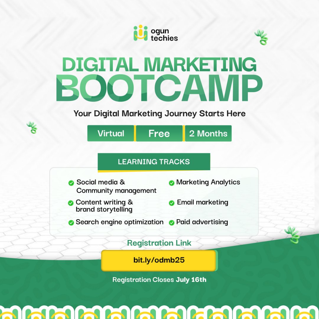 OgunTechies's tweet image. 📢Less than 24 hours left!
OgunTechies Digital Marketing Bootcamp registration closes tonight.
This is your chance to learn content writing, SEO, ads, analytics, email marketing and more — FOR FREE.
Sign up here 👉 bit.ly/odmb25
.
.
#oguntechies #digitalmarketing…
