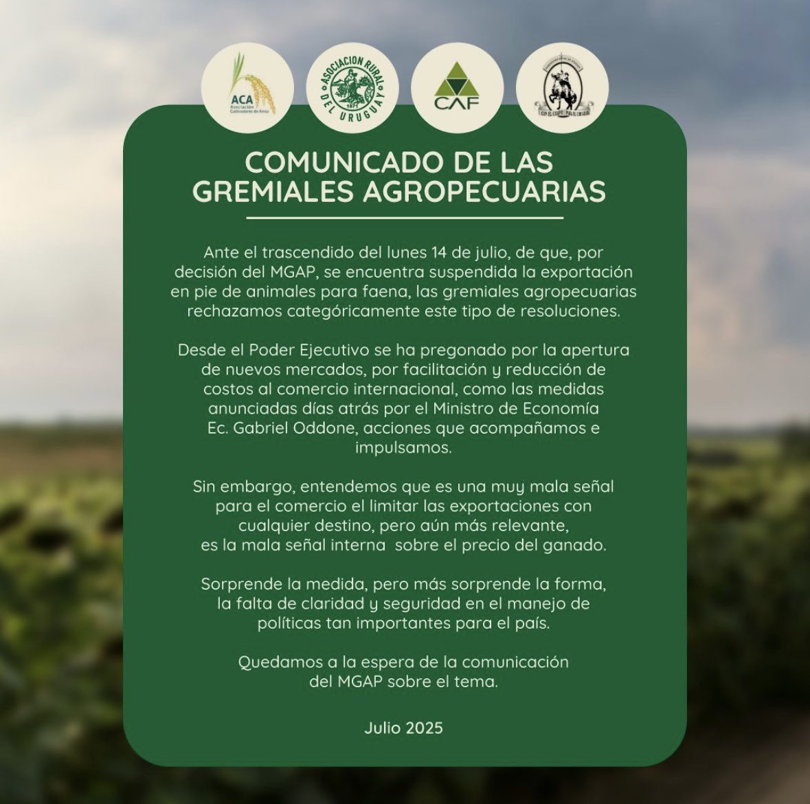 Comunicado de las Gremiales Agropecuarias unidas. 

Con la Libertad está nuestro futuro, y la defenderemos siempre.