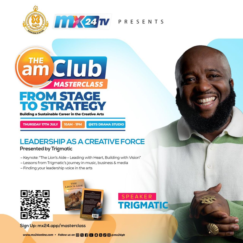 trigmaticrocks's tweet image. 🎭 From stage to strategy.
Leadership is art in motion.
Join me  for The AM Club Masterclass
🗓️ Thurs, July 17
🕙 10AM–1PM
📍 ETS Drama Studio
🎟️ Sign up: mx24.app/masterclass
#TheLionsAide #CreativeLeadership #MX24TV #Trigmatic