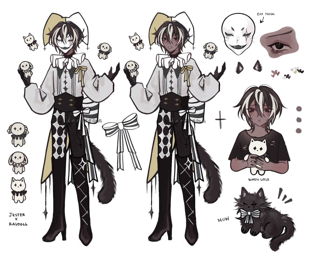 karesuuma's tweet photo. Cat/ ragdoll themed jester adopt :D
.　 . • ☆ . ° .• °:. *₊ ° . ☆

Sb: 65 | Mi: 5

Ab: tba + any changes &amp; commercial rights
——-
More info in comments
#characterdesign #characterart #artadoptable #oc #originalcharacter https://t.co/XmNKyMa5Al