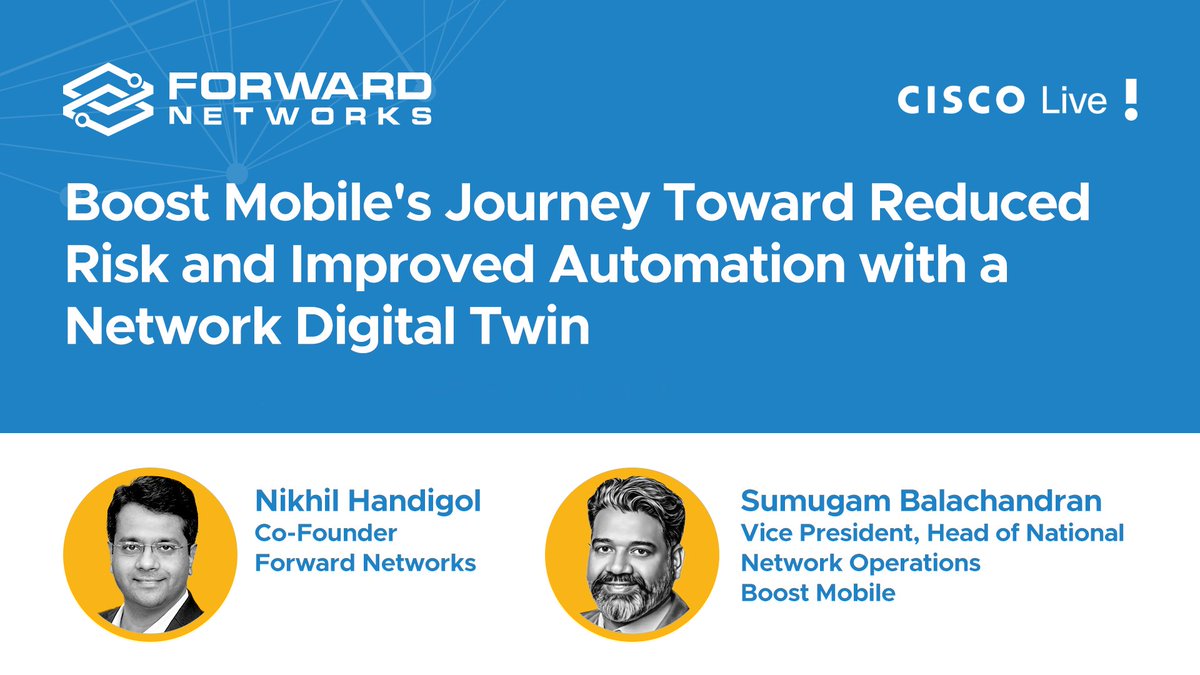 forwardnetworks's tweet image. Watch our co-founder, @nikhilhandigol's #CiscoLive talk with @boostmobile's @SumugamB on demand to learn how #BoostMobile deploys a #NetworkDigitalTwin in a 5G Open RAN cloud-native environment to accelerate troubleshooting and plan changes effectively.
hubs.li/Q03xpjTf0