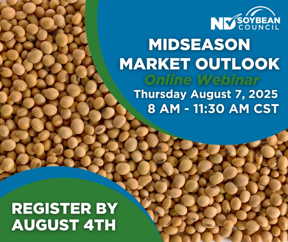 NDSoybean's tweet image. Join North Dakota Soybean Council for a midseason outlook at the soybean markets and discussion of marketing strategies prior to harvest. Dr. Bill Wilson and Dr. Frayne Olson, along with several industry speakers, will discuss how the season is progressing, world demand, and walk…