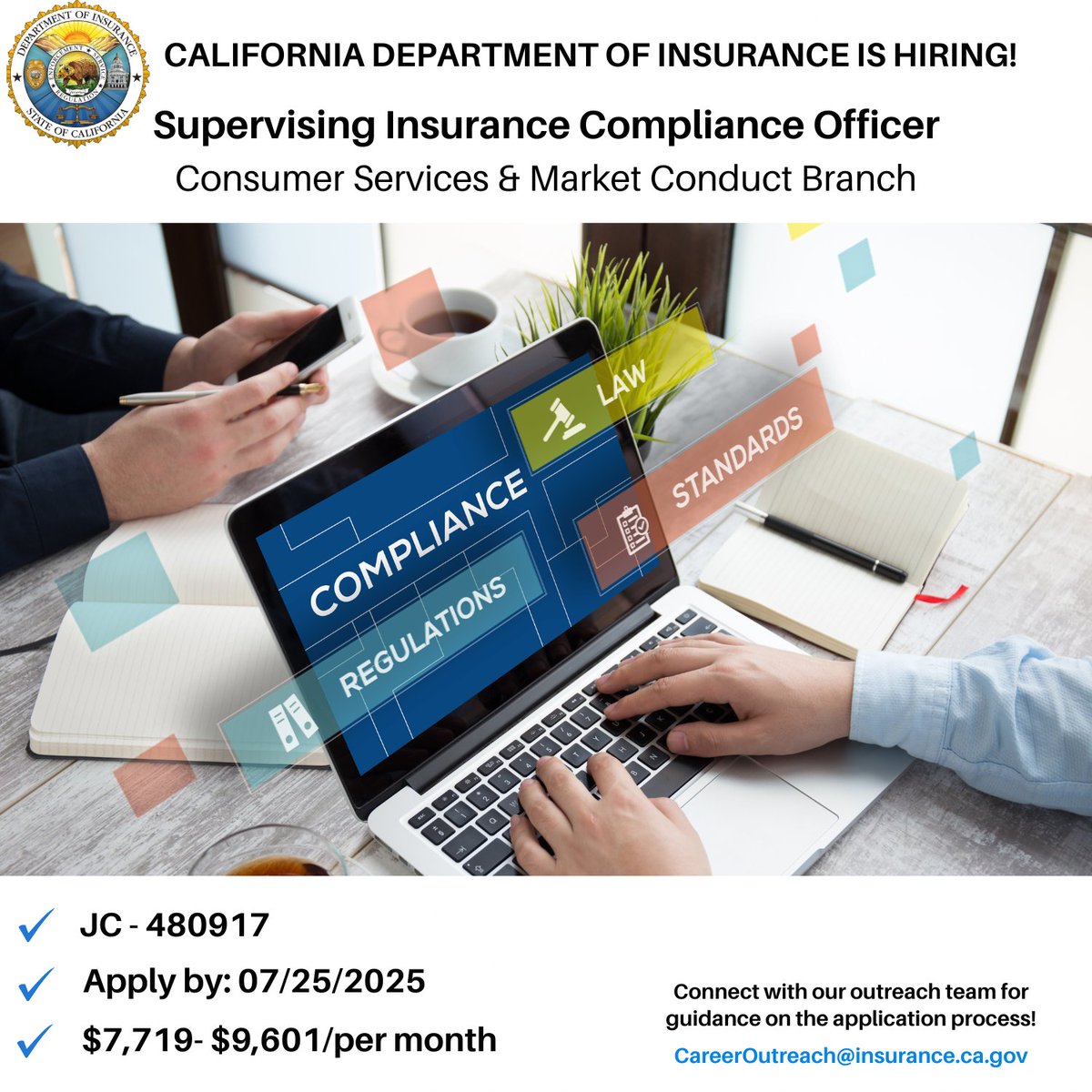 CDInews's tweet image. The California Department of Insurance (CDI) is seeking a dynamic Supervising Insurance Compliance Officer with experience in insurance claims or underwriting to join the Consumer Services & Market Conduct Branch.
Learn more here: calcareers.ca.gov/CalHrPublic/Jo…
#work4ca