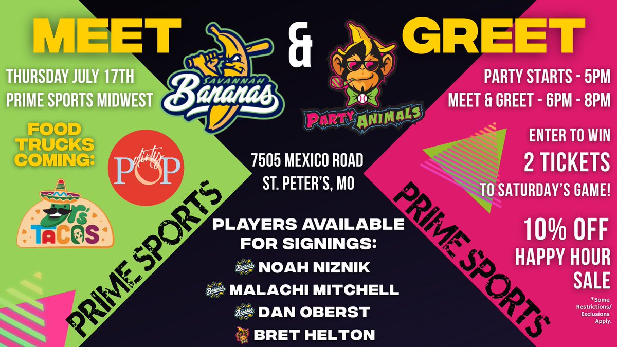 prime_mw's tweet image. 🎉 Just in: JR’s Tacos 🌮 &amp;amp; DirtyPop 🍿 are joining the Meet &amp;amp; Greet party THIS THURSDAY at Prime Sports Midwest!

✅ Meet Banana Ball stars
🎟️ Win tix to Saturday’s game
🛍️ Shop Banana Ball gear + more
📍 5–8PM | 7505 Mexico Rd, St. Peters
#BananaBall #STLevents
