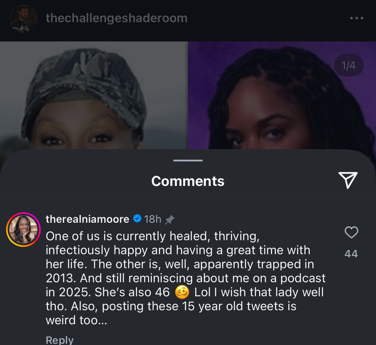 RyanJohn___'s tweet image. Nia responds to Coral talking about her on Jon and Beth’s podcast