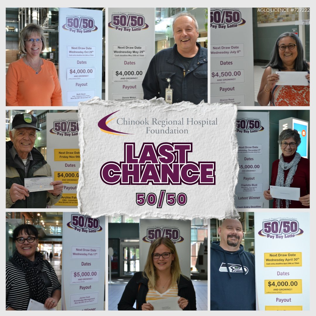 CRH_Foundation's tweet photo. 🚨LAST CHANCE TO WIN 💸$8,000 or more!
 Don't miss your chance to win big &amp; support local healthcare.

🎟️1 for $5 | 4 for $15 | 6 for $25
Deadline: July 16 @ 9:00 AM
Link is in our bio — don't miss out!
#ChinookRegionalHospital #5050Draw #SupportLocalHealthcare #HealthcareHeroes https://t.co/ejxxIQnSeU