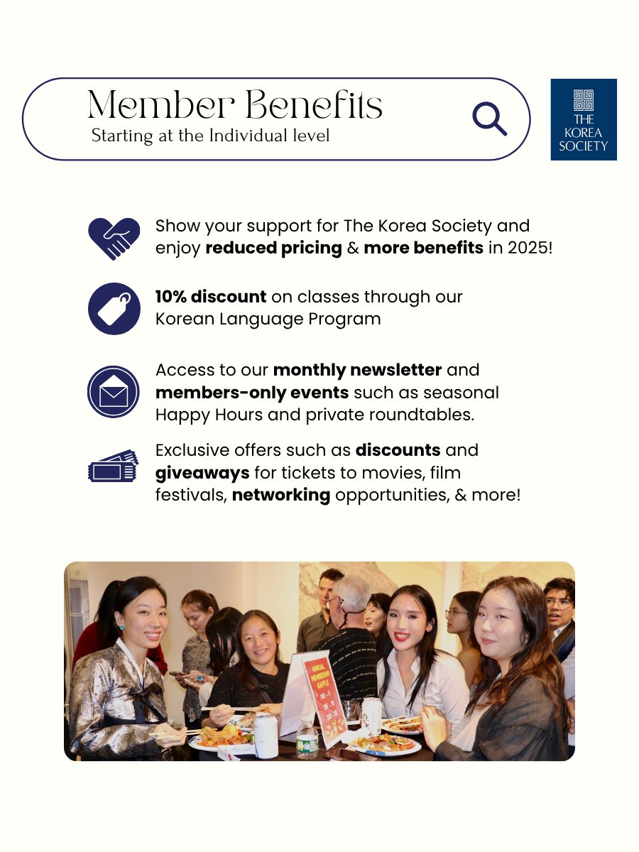 koreasociety's tweet image. Show your support for The Korea Society by joining our individual membership program! 👥🤝
✨ View the benefits of your tax deductible contribution!
🎁 Join this July for a chance to win a limited edition Korea Society tote bag!
Become a member today: koreasociety.org/join-support/1…