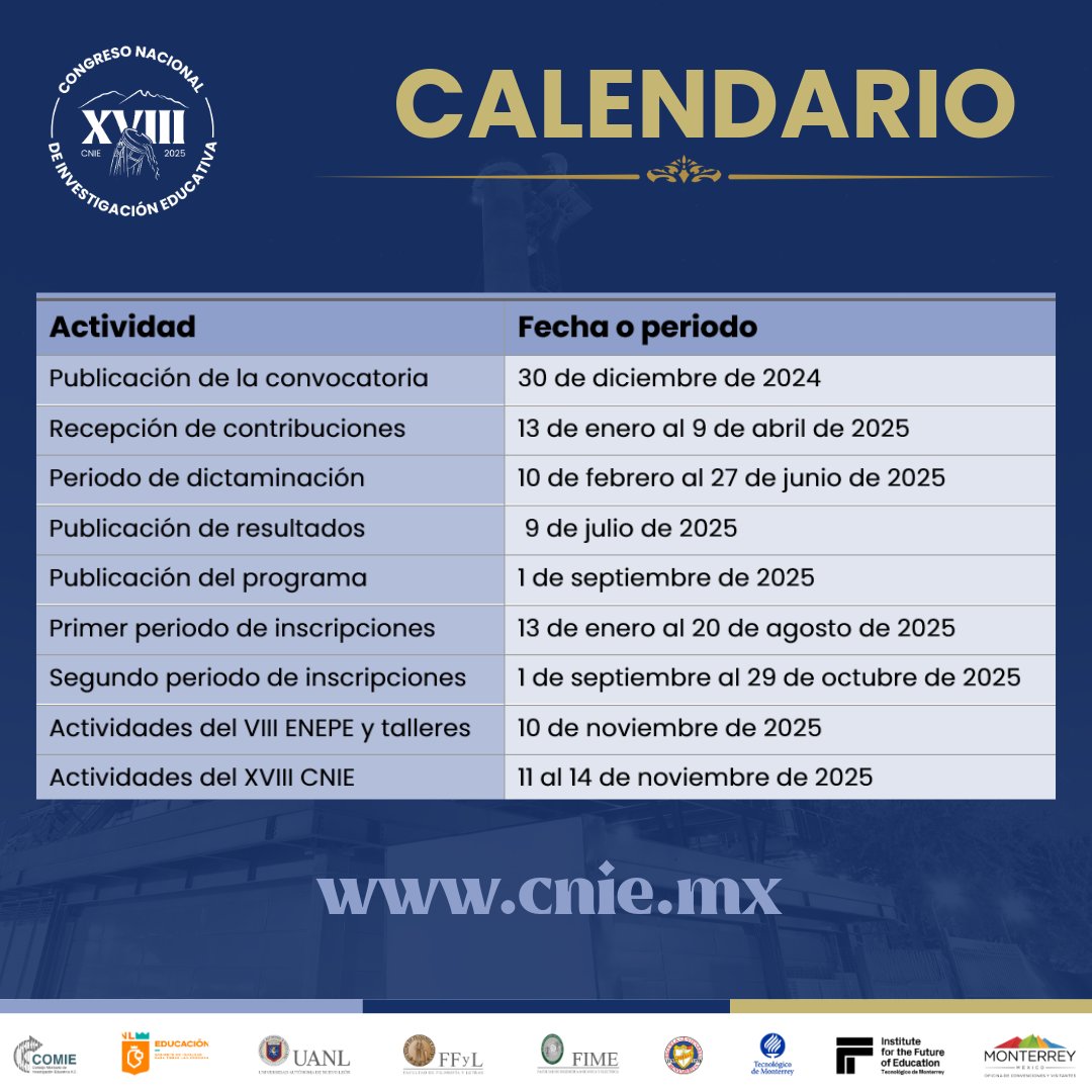 #RumboAMonterrey | Considera las fechas importantes del #XVIIICNIE y #VIIIENEPE
📢PONENTES: deben realizar su inscripción durante el primer periodo para poder programar su participación.
¡Nos vemos en Monterrey! 
🔗cnie.mx