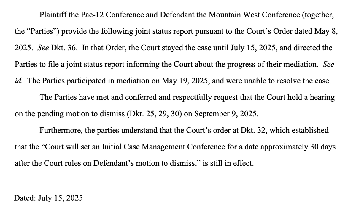 New in court: The Pac-12 and Mountain West did not resolve their $150m+ poaching fees case in mediation, so it'll continue in court. 

MW has filed a motion to dismiss the Pac-12's case, that'll come up in September.